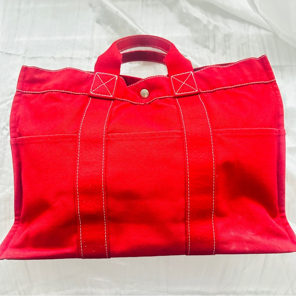 HERMES DEAUVILLE PM Red Canvas Tote Bag LIKE NEW CONDITION. Unisex. 22x30x8(HWD) - Picture 5 of 12